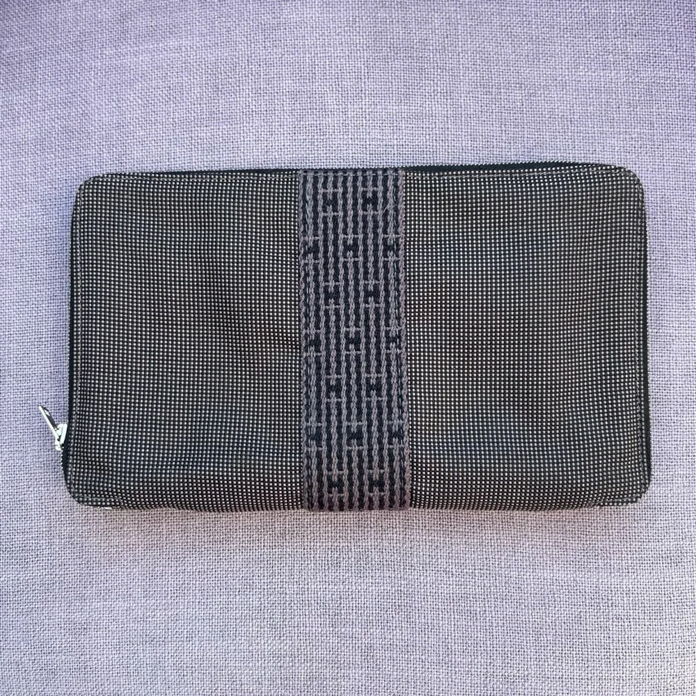 Hermes Large Organizer Yell Lone Long Wallet Canvas Nylon Gray Navy Zip Around